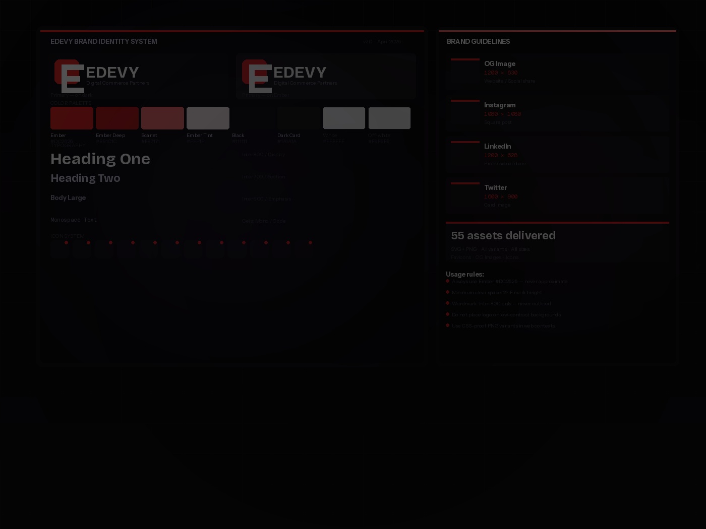 Edevy brand identity system showing color palette, typography and logo variants